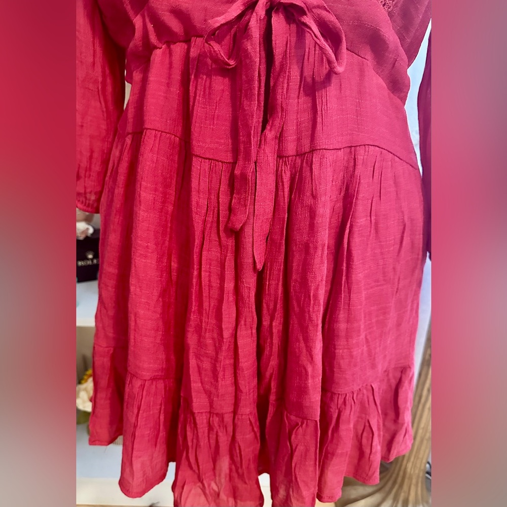 BaeVely By Polagram Burgundy 3/4 Sleeves Tiered Mini Sz L Sheer Flirty FAIRYCORE - Picture 2 of 8